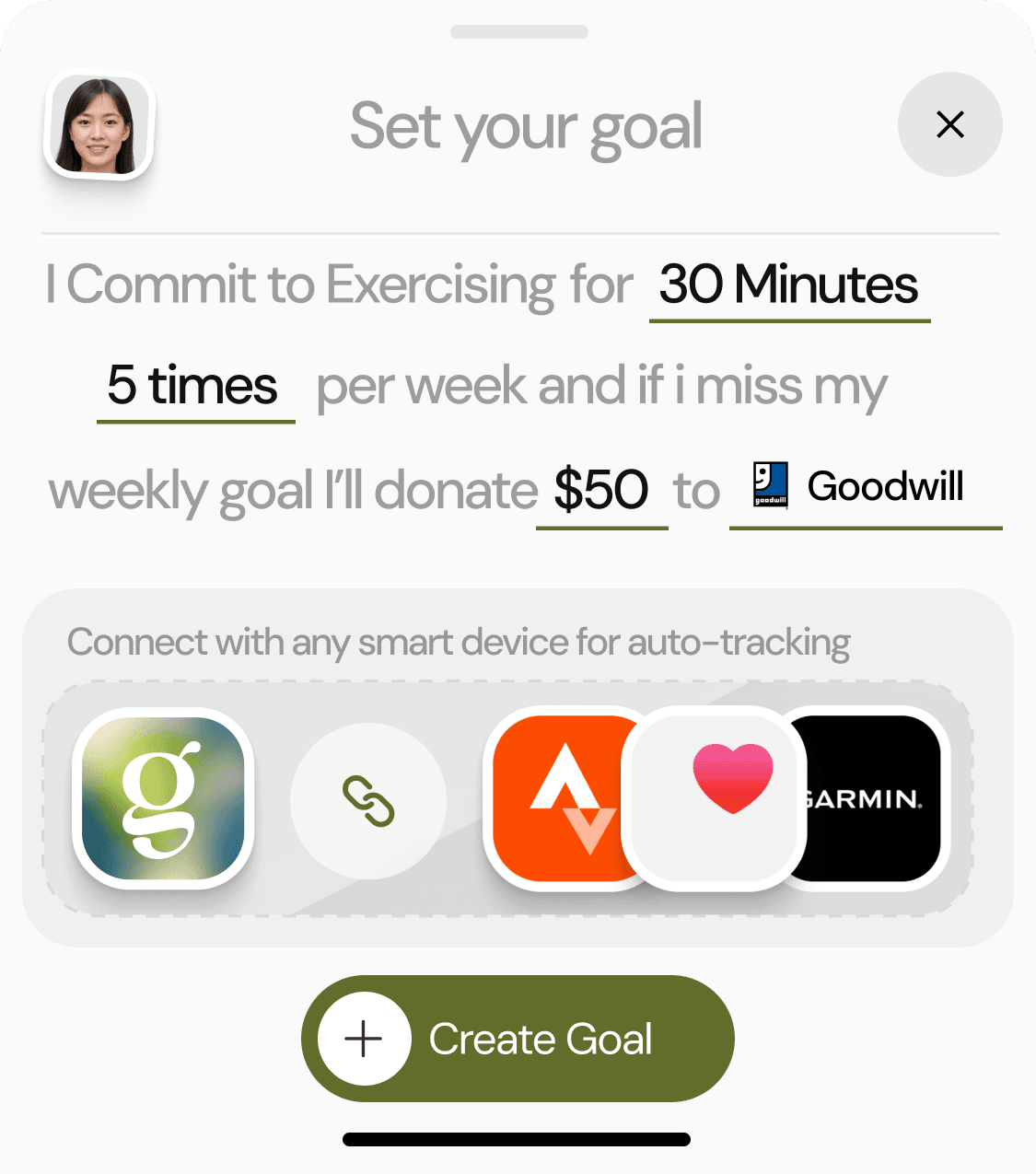 App screenshot showing goal setting